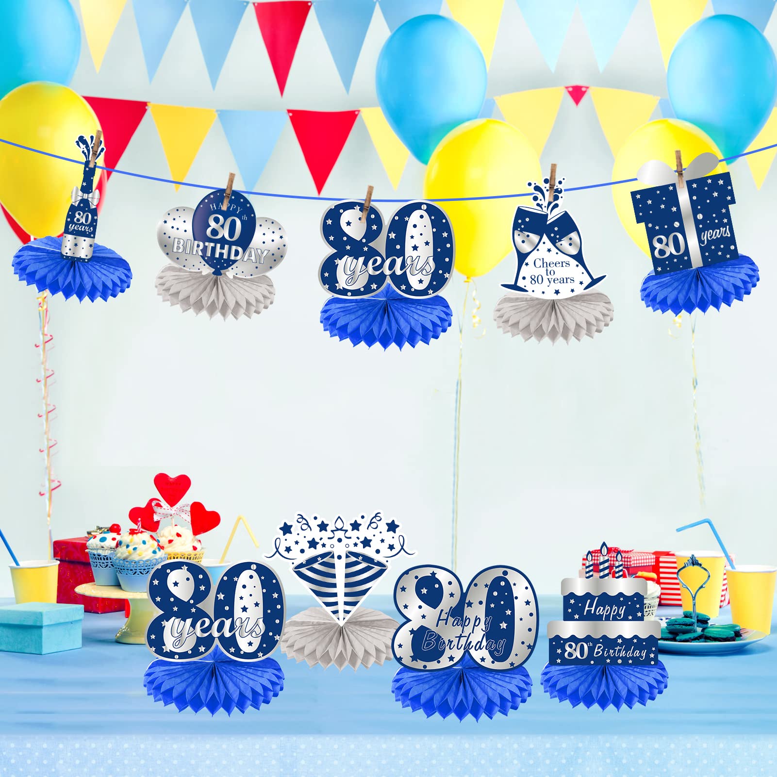 8-Piece 80th Birthday Honeycomb Centerpieces - Blue & Silver Table Decor, Cheers To 80 Years Party Supplies - View #11