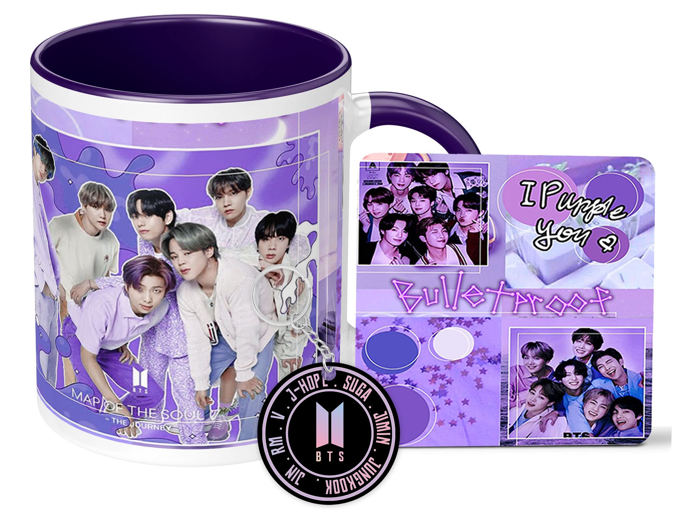 BTS Printed Mug, BTS Coaster & BTS Keychain Gift for Girls Boys Friends Birthday Gift Tea Coffee Mug 350ml, Music Band V Suga J-Hope Jungkook, (Pack of 3) (BNDBMCK 1)-image-9
