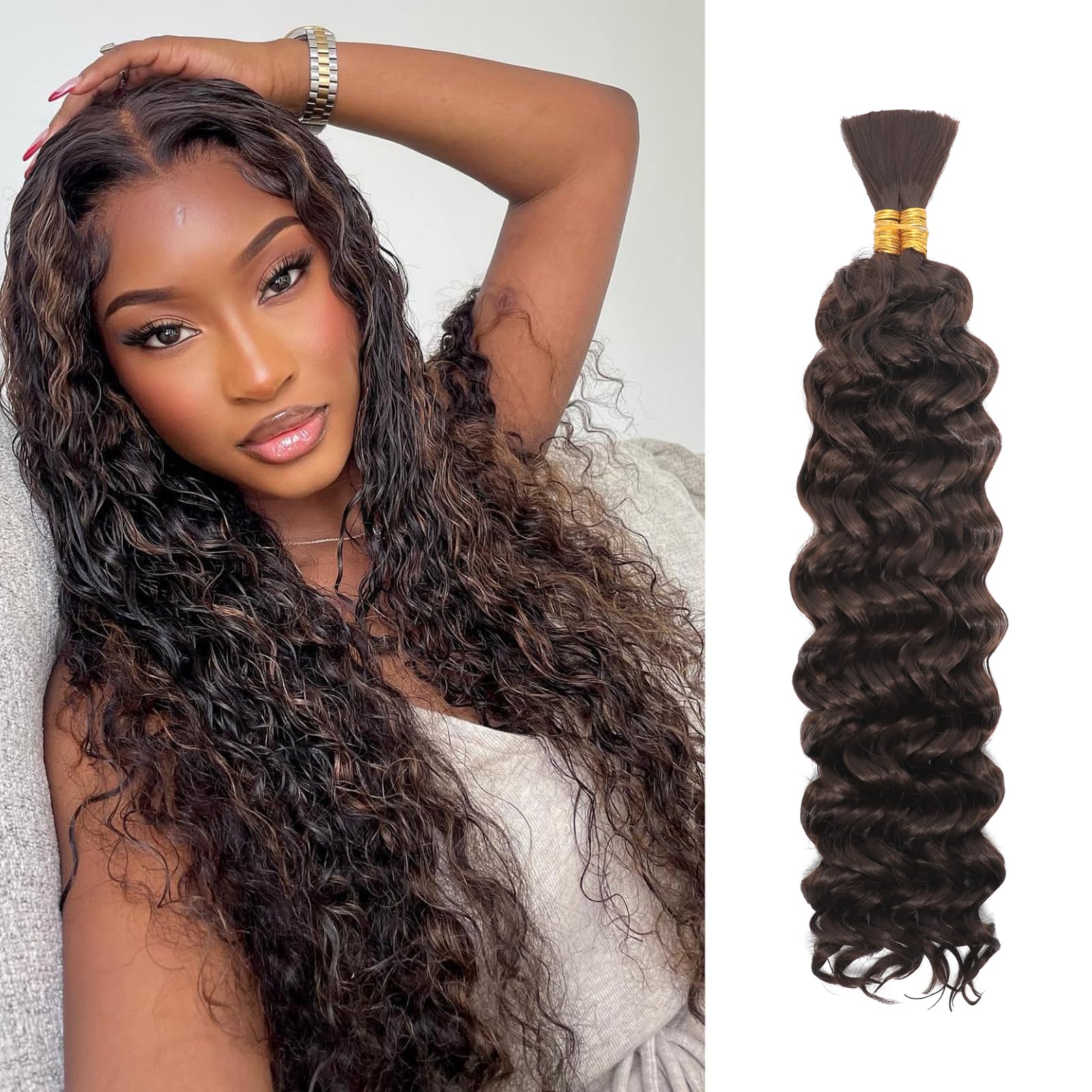 Water Wave Bulk for Braiding 16inch 100g With 2 Bundles Deep Wave Bulk Hair for Boho Braids No Weft Curly Wavy Synthetic Bohemian Braiding Hair Extensions for Women (4#