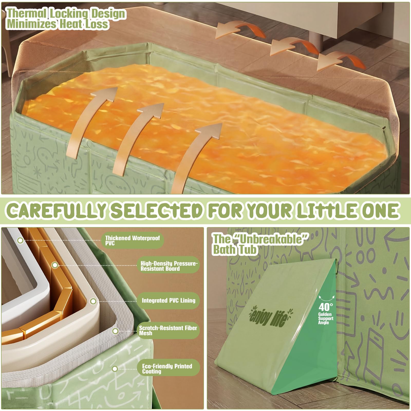 Vasca da bagno pieghevole per bambini, 75 cm, portatile, per neonati e bambini, antiscivolo, salvaspazio, pieghevole, con tappo di scarico, senza BPA, verde menta