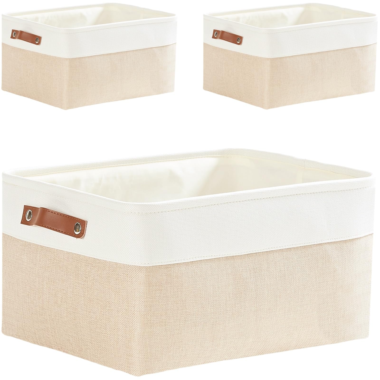 Mangata Fabric Storage Boxes,[3 Pack] Thicken Canvas Storage Basket with Handles for Underwear, Clothes, Towel (Large, Light Khaki/White)
