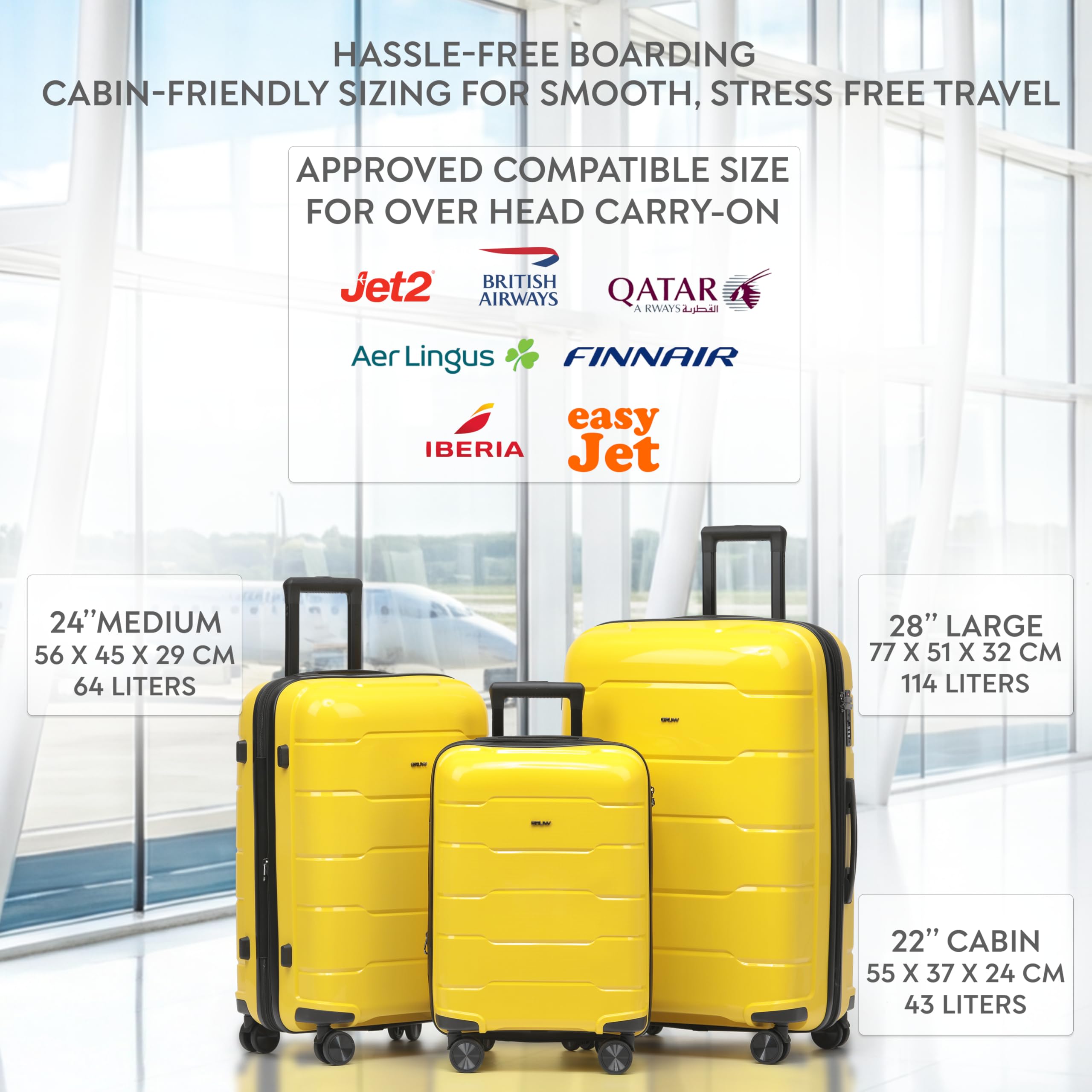 CRUW 3-Piece Luggage Set Expandable Polypropylene Suitcase Set TSA Locks 8 Silent Spinner Wheels Lightweight Nested Suitcases Travel Set easyJet British Airways Jet2 Airline-Approved Carry-On Yellow
