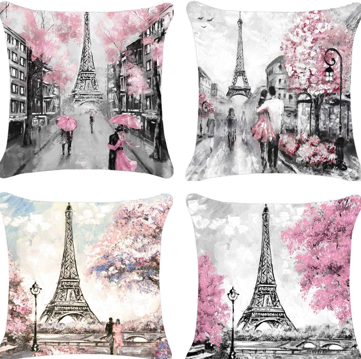 layhut Paris Throw Pillow Covers 18x18, Set of 4 Pink Paris Pillow Case, Valentines Day Lovers Cushion Covers for Girls, Sofa, Couch, Patio, Porch Home Decor