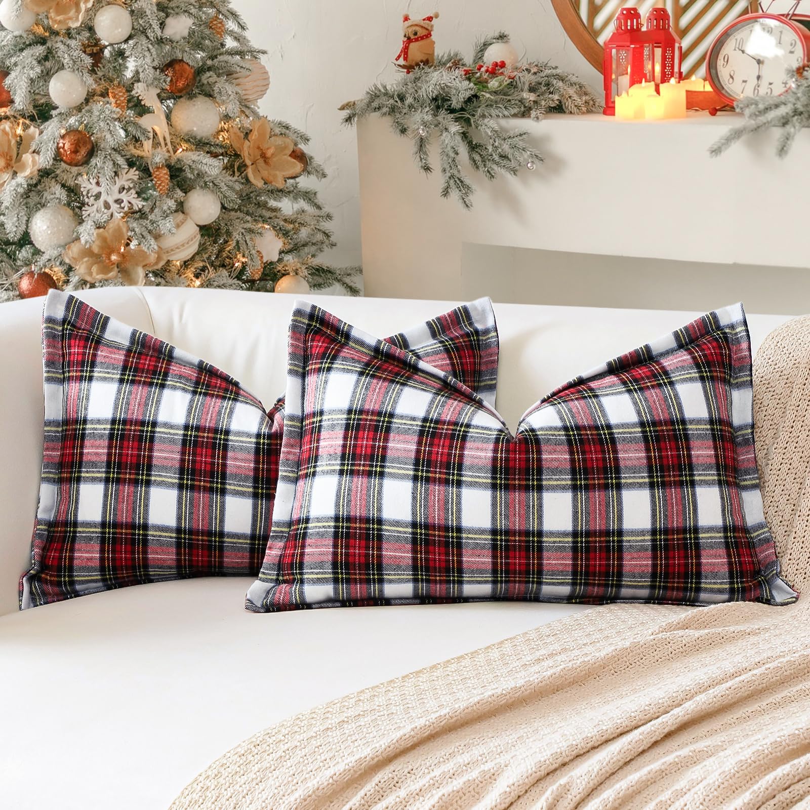 Sungeek Christmas Scottish Tartan Cushion Covers 30 x 50 Set of 2 Linen Decorative Check Plaid Lumbar Pillow Covers with Stitched Edge for Sofa Couch Bed Living Room 12x20 Inch (White)