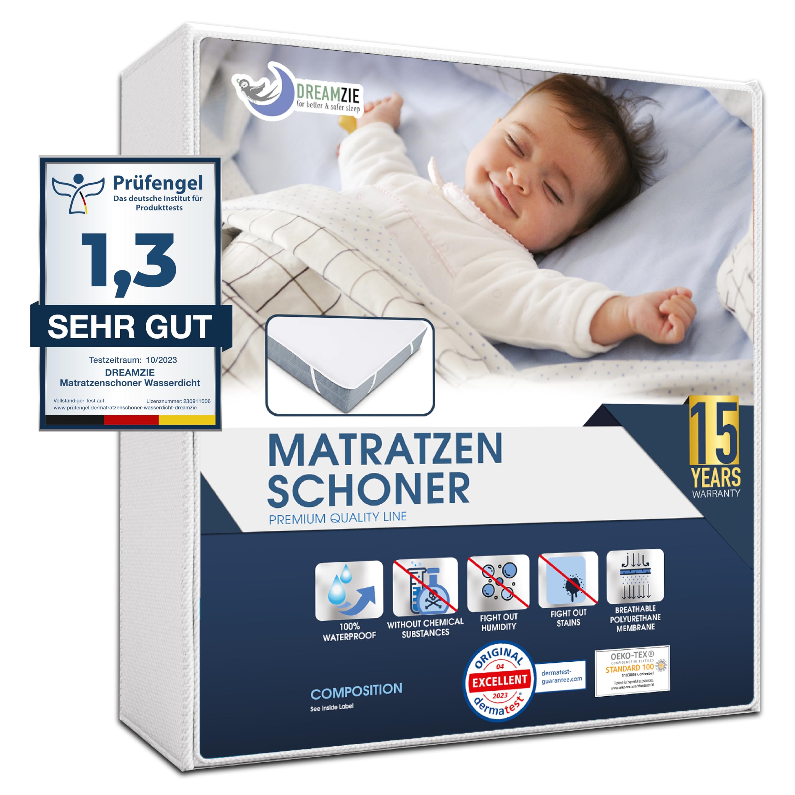 Oeko TEX Gecertificeerde Waterdichte Matrasbeschermer 70x160 van Twinzen - Alese 70x160 cm van ademend katoen met 4 Elastische Hoeken