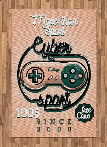Lunarable Gamer Area Alfombra, Vintage Videojuego controlador con palabras Cyber Deporte Noventa, diseño retro, alfombra de acento tejida plana