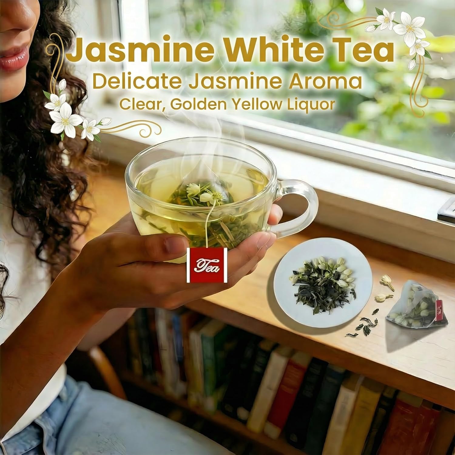 ADMIRINGAZELAND Jasmine White Tea Bags - 30 Count Fujian White Peony Leaf & Real Jasmine Flowers Blend with Pyramid Bags, Morning & Afternoon Chinese Tea Gift for Women & Men, 2.1oz