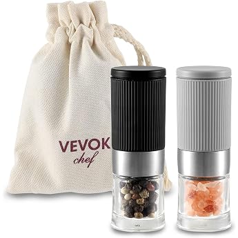 Vevok Chef Mini Salt and Pepper Mill Set of 2 Small and Adjustable Ceramic Grinder Salt Pepper Shaker Himalayan Salt for Kitchen Camping Gift