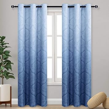 DWCN Navy Blackout Damask Curtains for Bedroom - Ombre Patterned Thermal Insulated Energy Saving Grommet Curtains for Living Room, Set of 2 Gradient Window Curtain Panels, 36 x 84 Inch Navy Blue