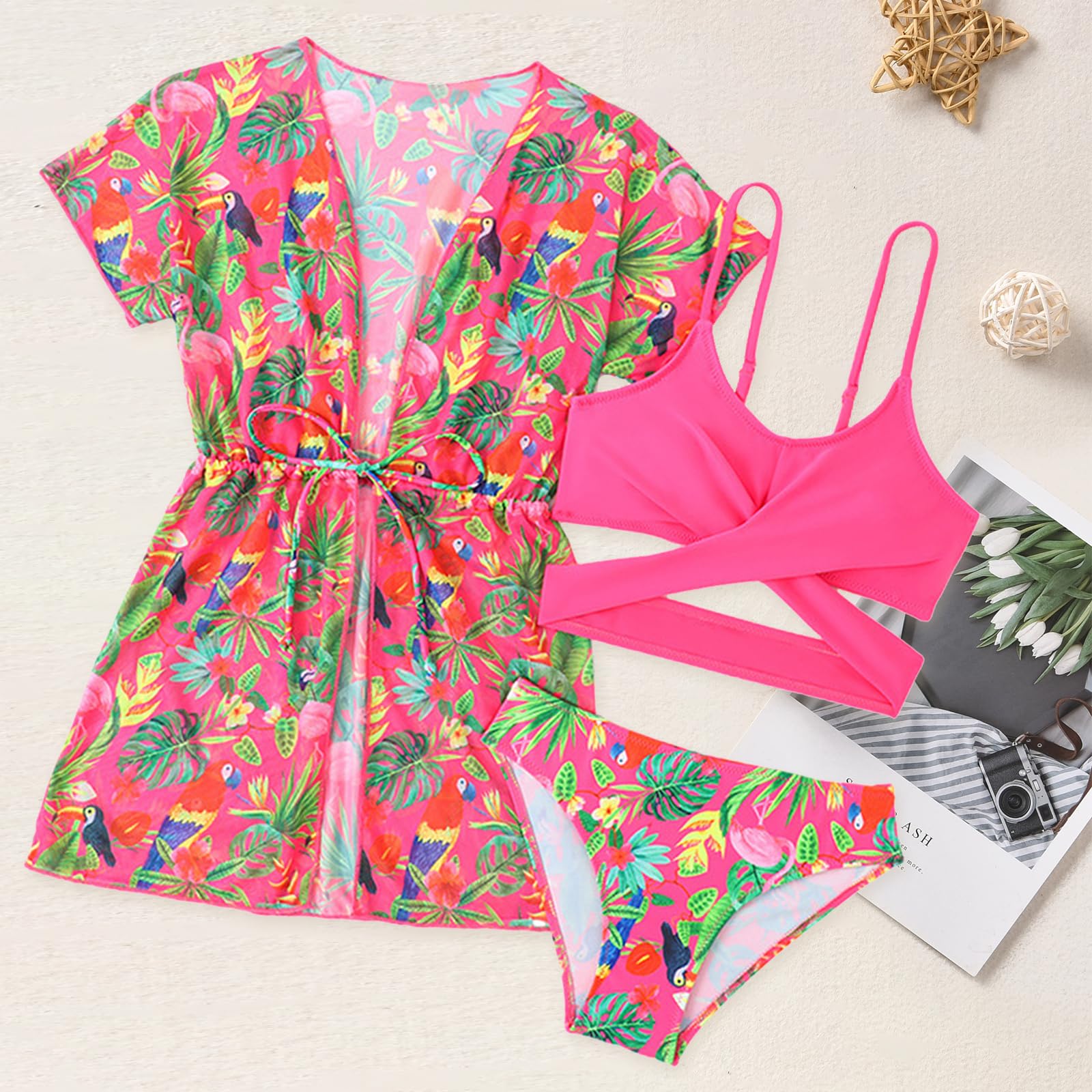 Comforso Dziewczęcy kostium kąpielowy, 3-częściowy, kostium kąpielowy dla dziewcząt, strój kąpielowy, zestaw tankini z powłoką i bikini, na plażę, basen, dla dzieci, dziewcząt, 20-30 kg