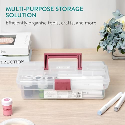 Miniatura 2 de Navaris Caja de herramientas de plástico rosa – 30,5 cm (12") – Caja de almacenamiento de medicamentos con pestillo de bloqueo – Caja organizadora