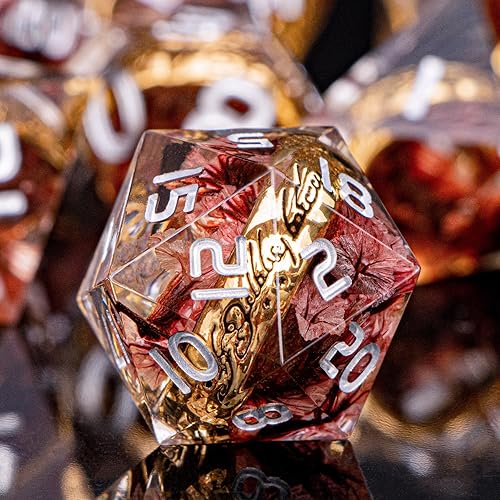 Miniatura 3 de Juego de dados para DND de anillo dorado mágico de resina de borde afilado con funda, dados D y D de flor rosa para uso con juegos de rol D&D RPG,