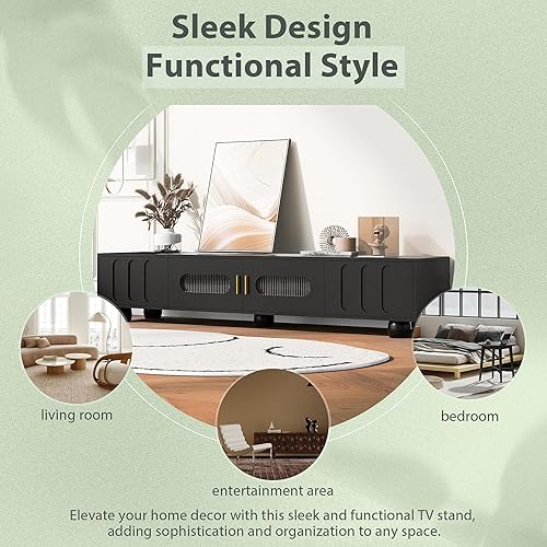 Miniatura 6 de Soporte de TV de 70 pulgadas con estantes y cajones de almacenamiento, moderno soporte de TV LED con vidrio, soporte de TV de alto brillo, centro de