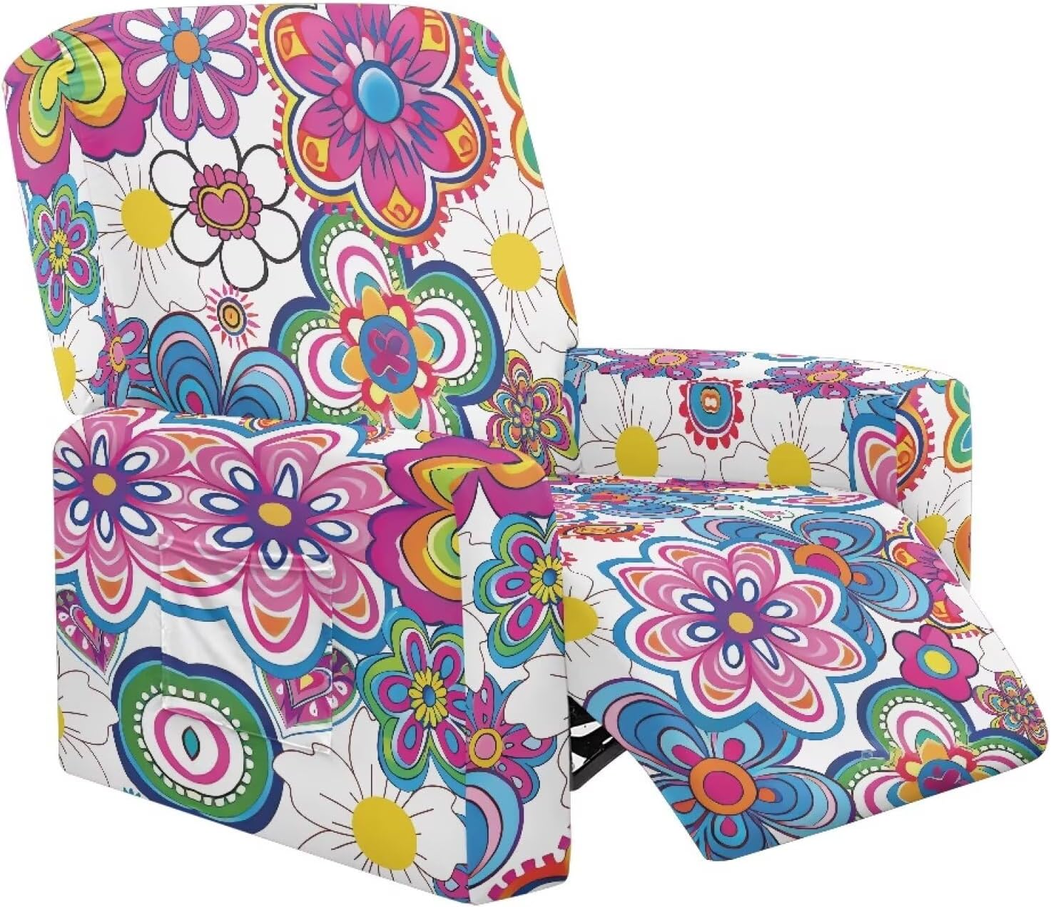 FOR U DESIGNS Hippie Flowers Stretch Recliner Covers 4-Piece Set for Single Seater Chew Resistant Fabric with Elastic Edges Easy Install Prevents Stains Pets Hair