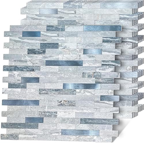 HomeyMosaic Azulejos de metro para despegar y pegar en muro de cocina, chimenea, baño, piedra en mármol gris azul, 5 hojas