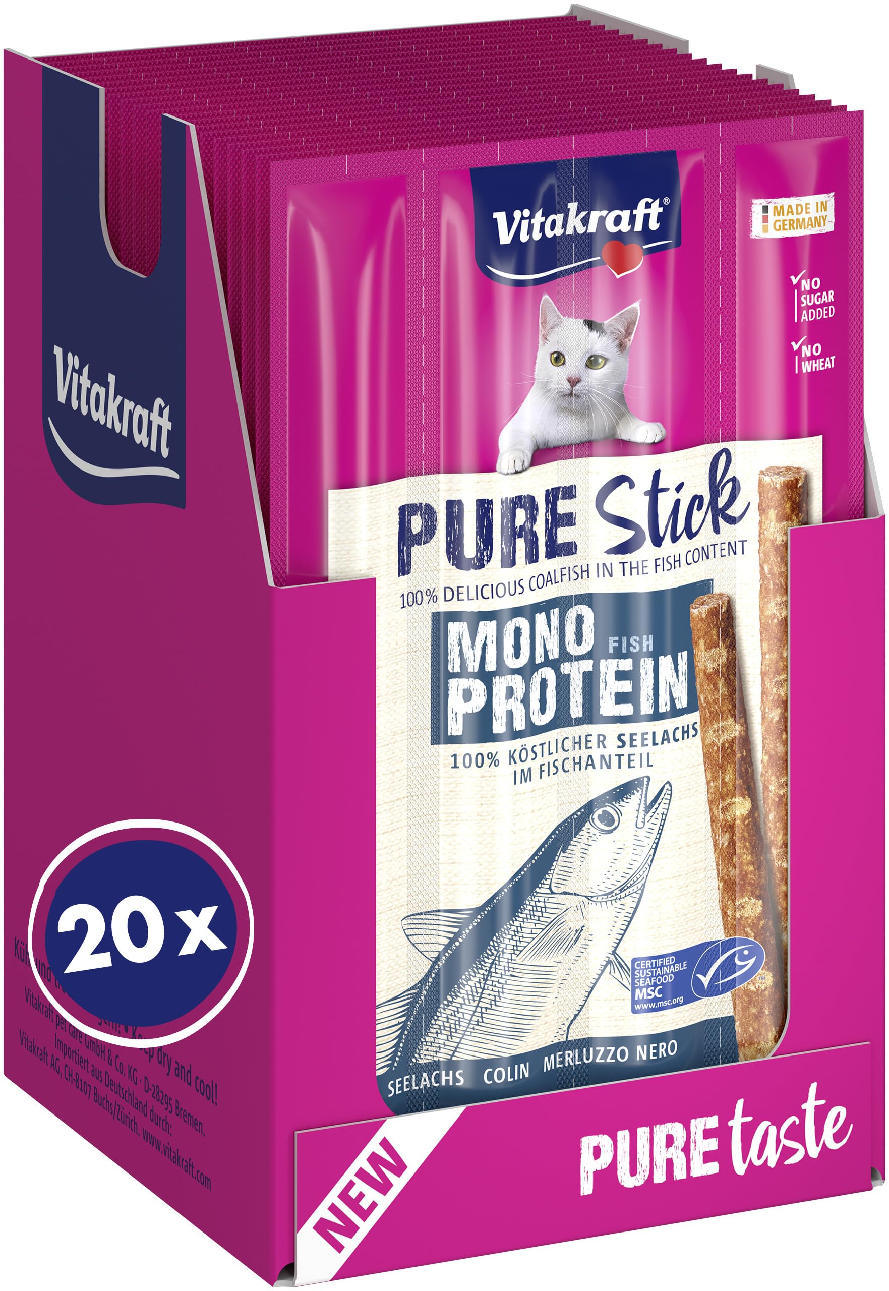 VITAKRAFT- Pure Stick, Friandise Pour Chats, Stick À Base De Viande, Au Lieu Noir, Sticks Individuels, Adapté Aux Chats Sensibles, Format Économique (20 X 20G)