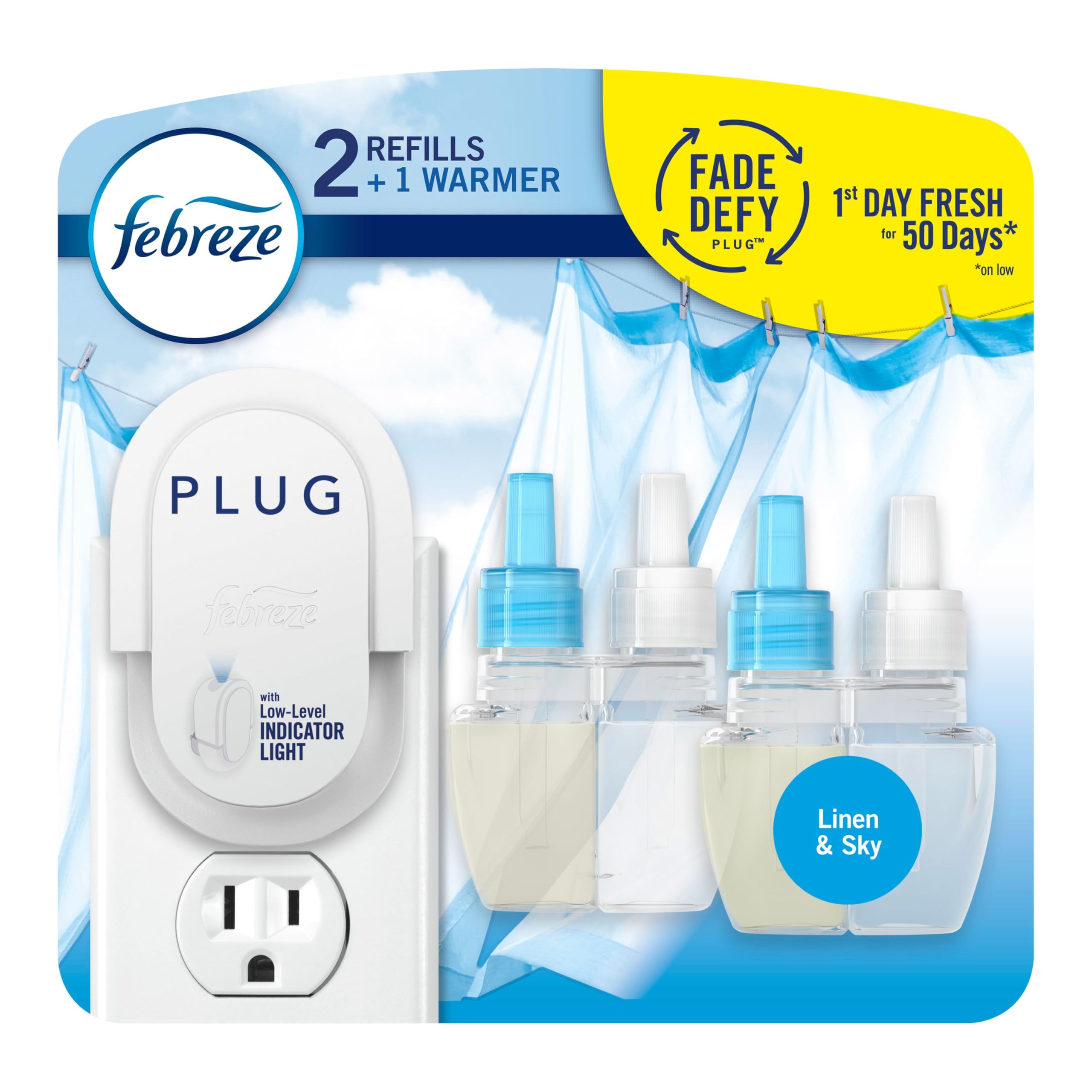 Febreze Plug In Air Freshener, Odor-Fighting Scented Oil Starter Kit, Air Fresheners for Home and Bathroom and Kitchen, Long Lasting for Strong Odors, Linen & Sky Scent, Warmer + 2 Refill
