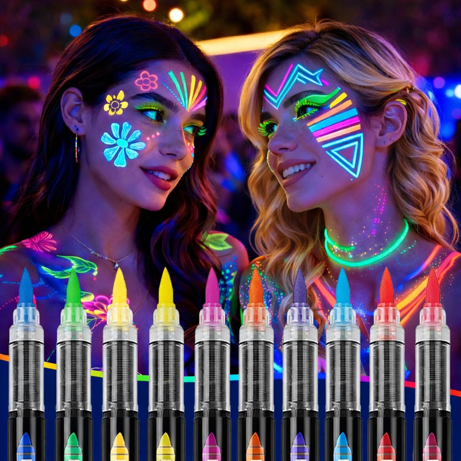 10 Colors UV Reactive Glow Face & Body Paint Markers, Neon Body Paint Kit
