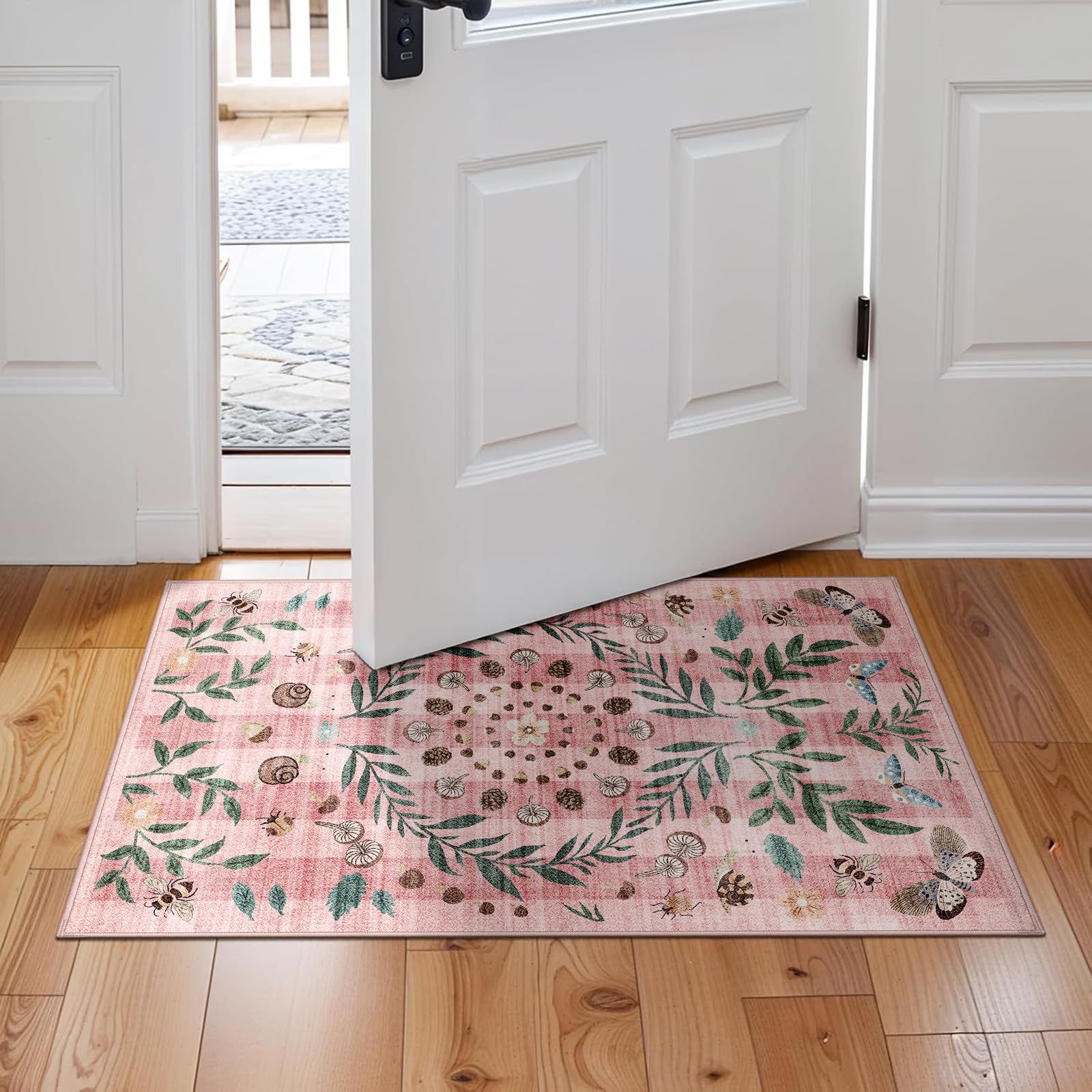 2x3 Floral Washable Area Rug Non-Slip Stain Resistant Front Door Mat for Outside Entrance Small Low Pile Soft