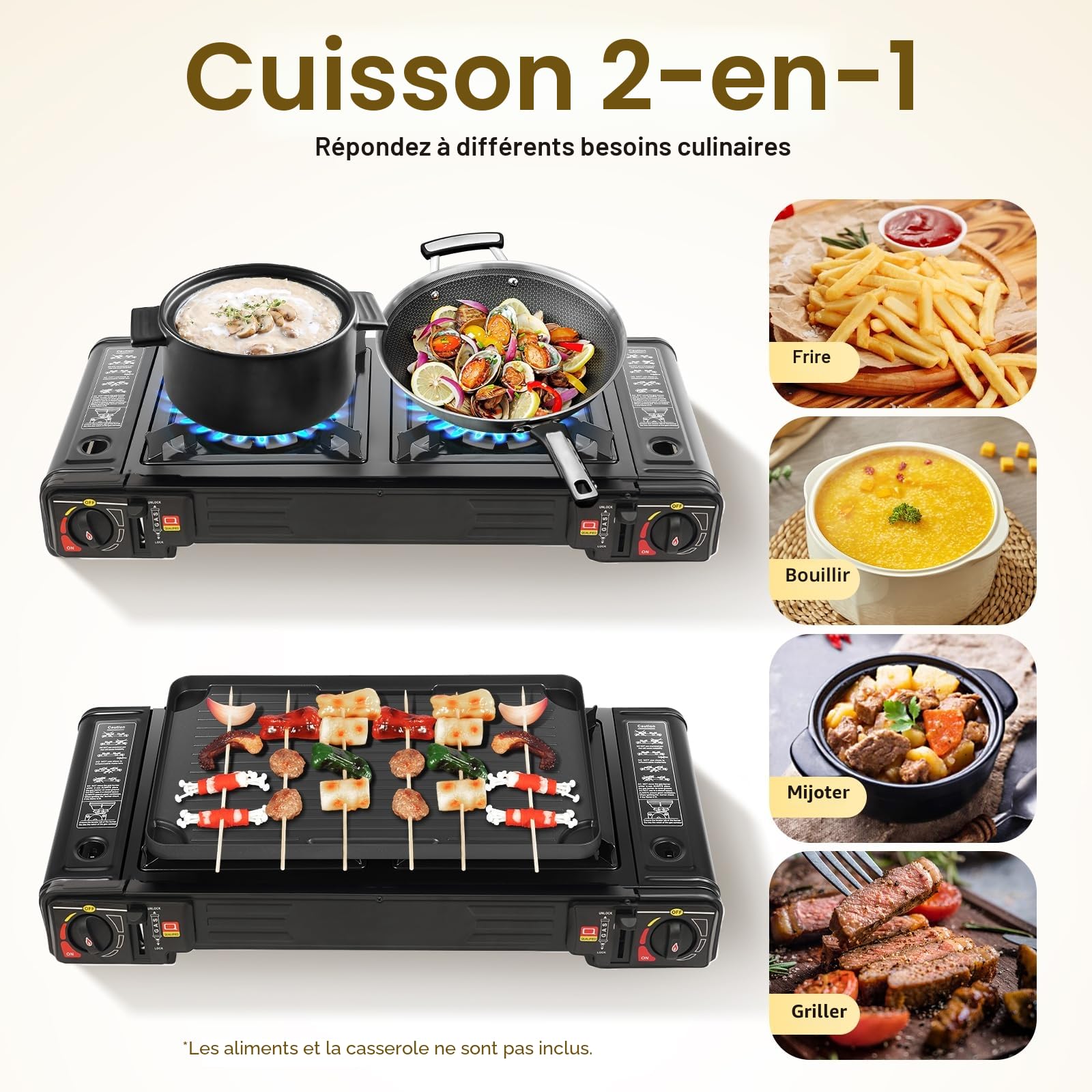 Réchaud à gaz portable 2 feux avec plateau barbecue et mallette de rangement pour camping