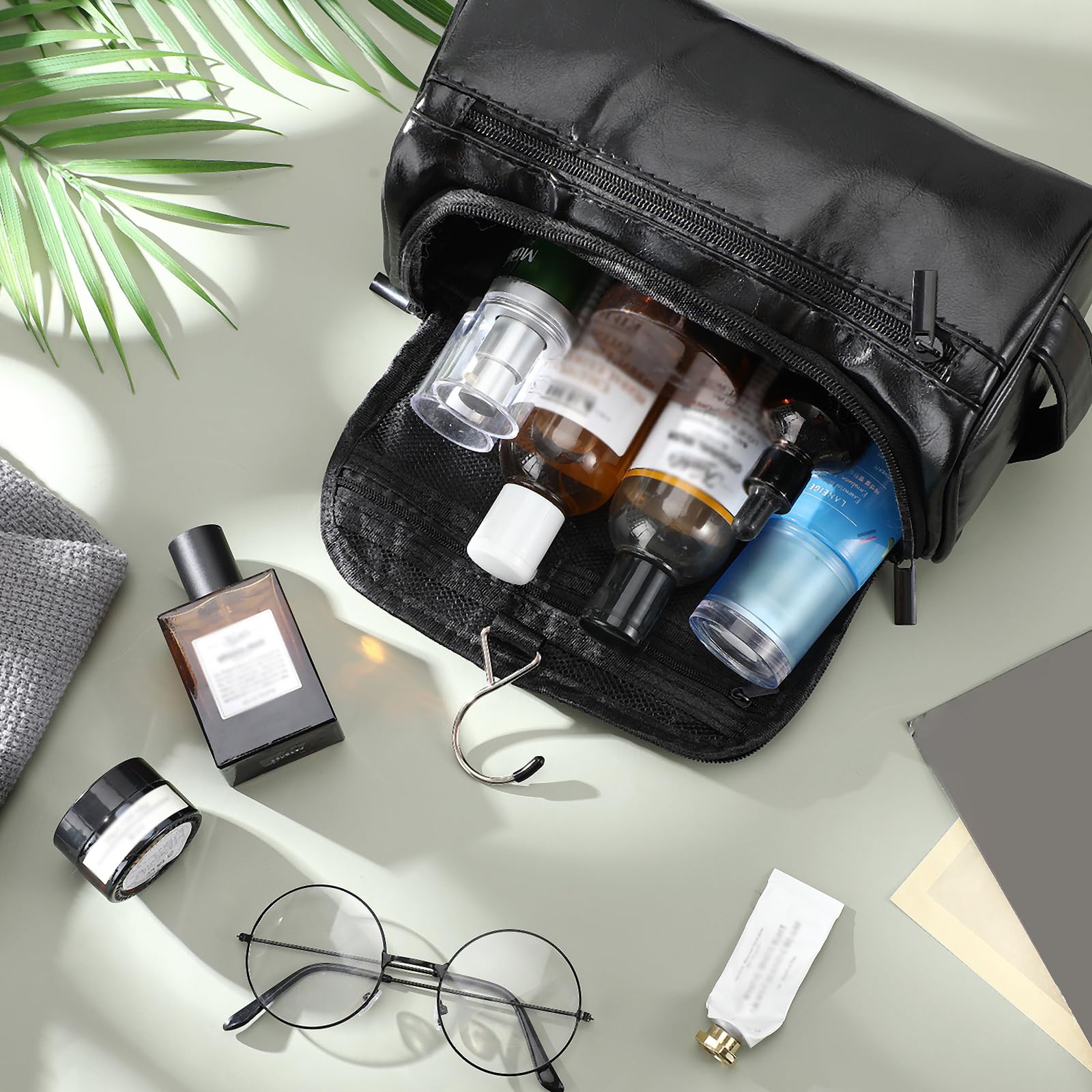 Aliceset 6 borse da toilette in pelle da uomo con gancio, regalo per testimoni dello sposo, borsa da viaggio in pelle regalo per lui, marito, padre, con manico laterale, nero