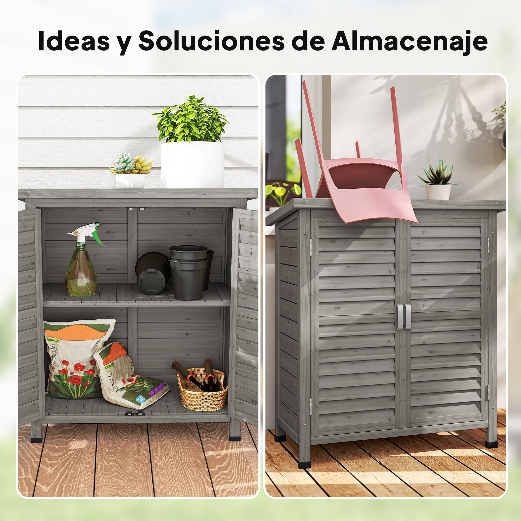 Outsunny Cobertizo de Almacenamiento de Madera para Jardín con 2 Estantes Interiores 2 Puertas y Techo Inclinado para Exterior Terreza 87x46,5x96,5 cm Gris
