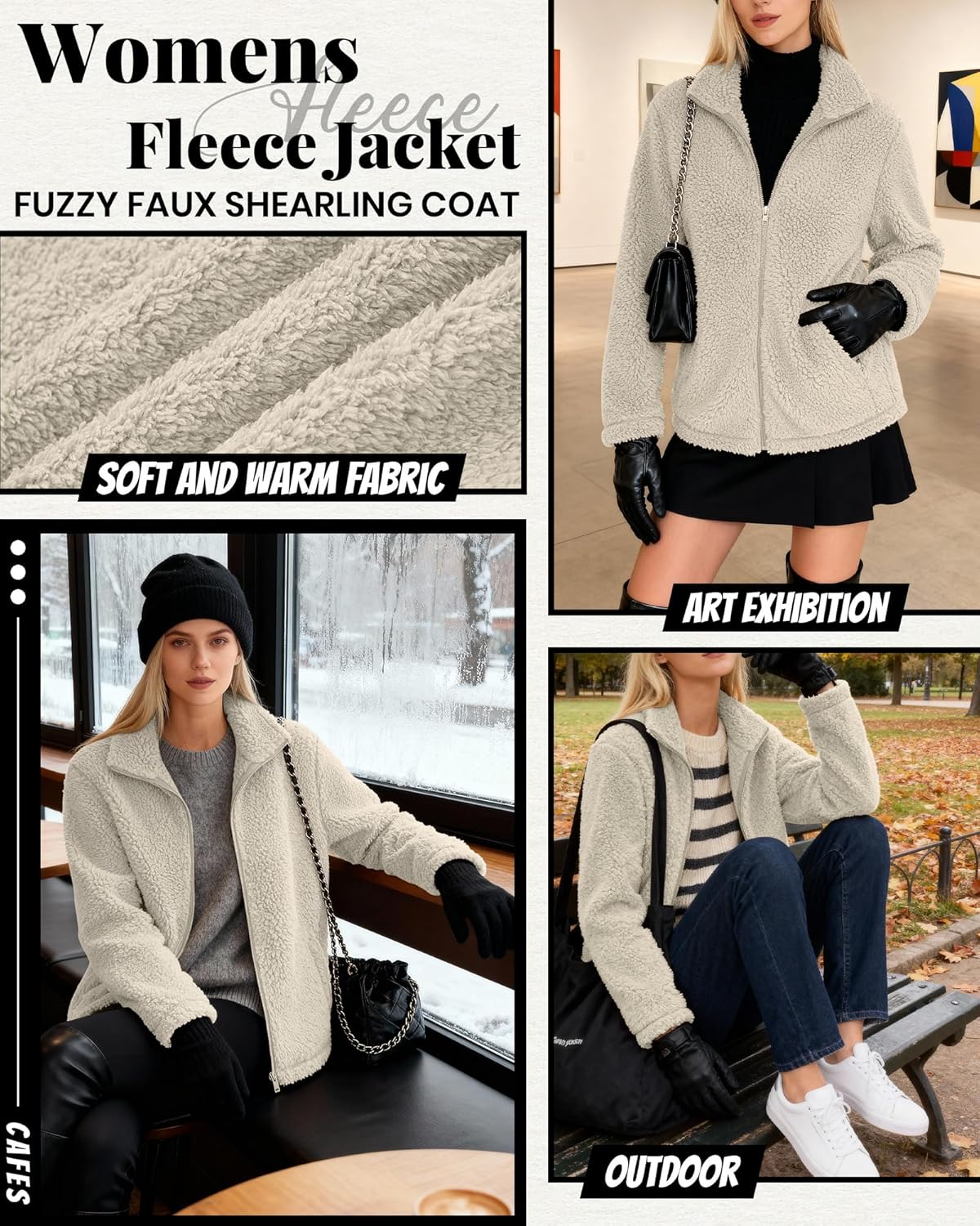 Womens Fleece Jacket Fuzzy Faux Shearling Coat Sherpa Jacket Long Sleeve Full Zip Warm Winter Outwear with Pockets(Apricot,Small) - Image 4