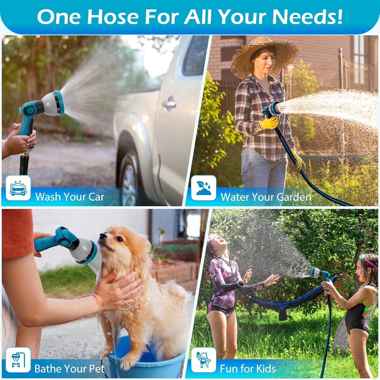 100FT Non-Expandable Garden Hose, Flexible Water Hose with Spray Nozzle, Kink-Resistant, Leakproof 3/4" Brass Connectors, Lightweight & Portable Water Pipe for Yard, Lawn Outdoor