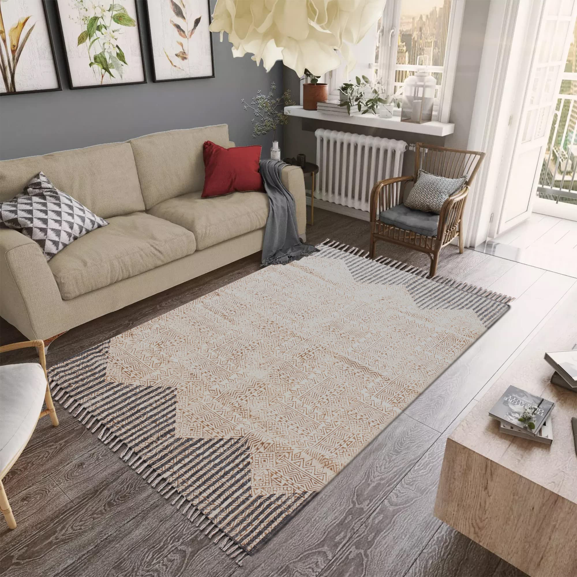 Handgewebter Teppich aus Baumwolle, Reine Quasten, Bodenteppich, handgewebt, wendbar, Überwurf, Teppich, Fußmatte, Waschküche, Teppich, Indoor-Läufer 90 x 300 cm (3 x 10 Fuß Läufer)