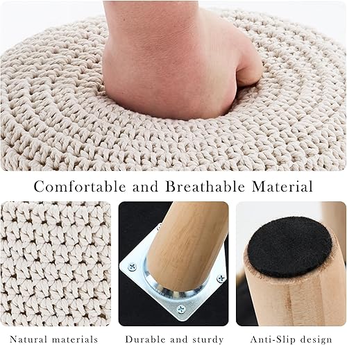 Miniatura 6 de Taburete otomano bohemio de algodón tejido redondo puf otomano con patas de madera antideslizantes, asiento acolchado para sala de estar, color