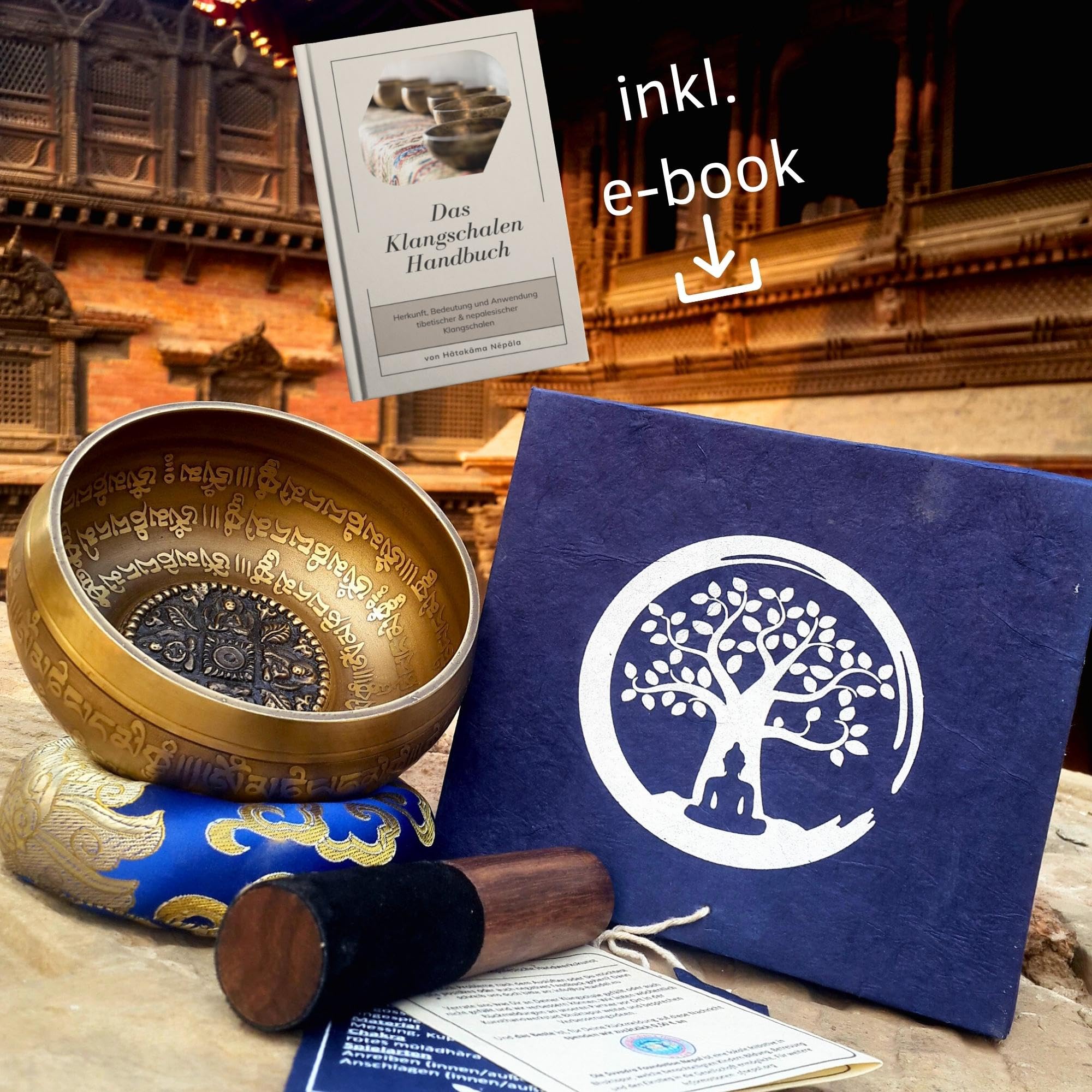 XL Klangschale aus Nepal – ebook - kunstvoll verziert - Tibetisches Set für Meditation – Yoga – Schule & Kita – Loktapapier Geschenkbox
