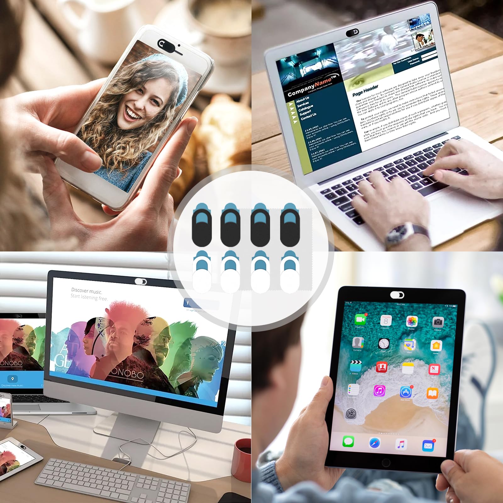 8 Pezzi Coperchio Della Webcam, 0.6mm Camera Cover Ultra Sottile per Smartphone, Webcam Cover di Sicurezza con Panno Grigio per La Vostra Privacy e Sicurezza (Bianco+Nero)