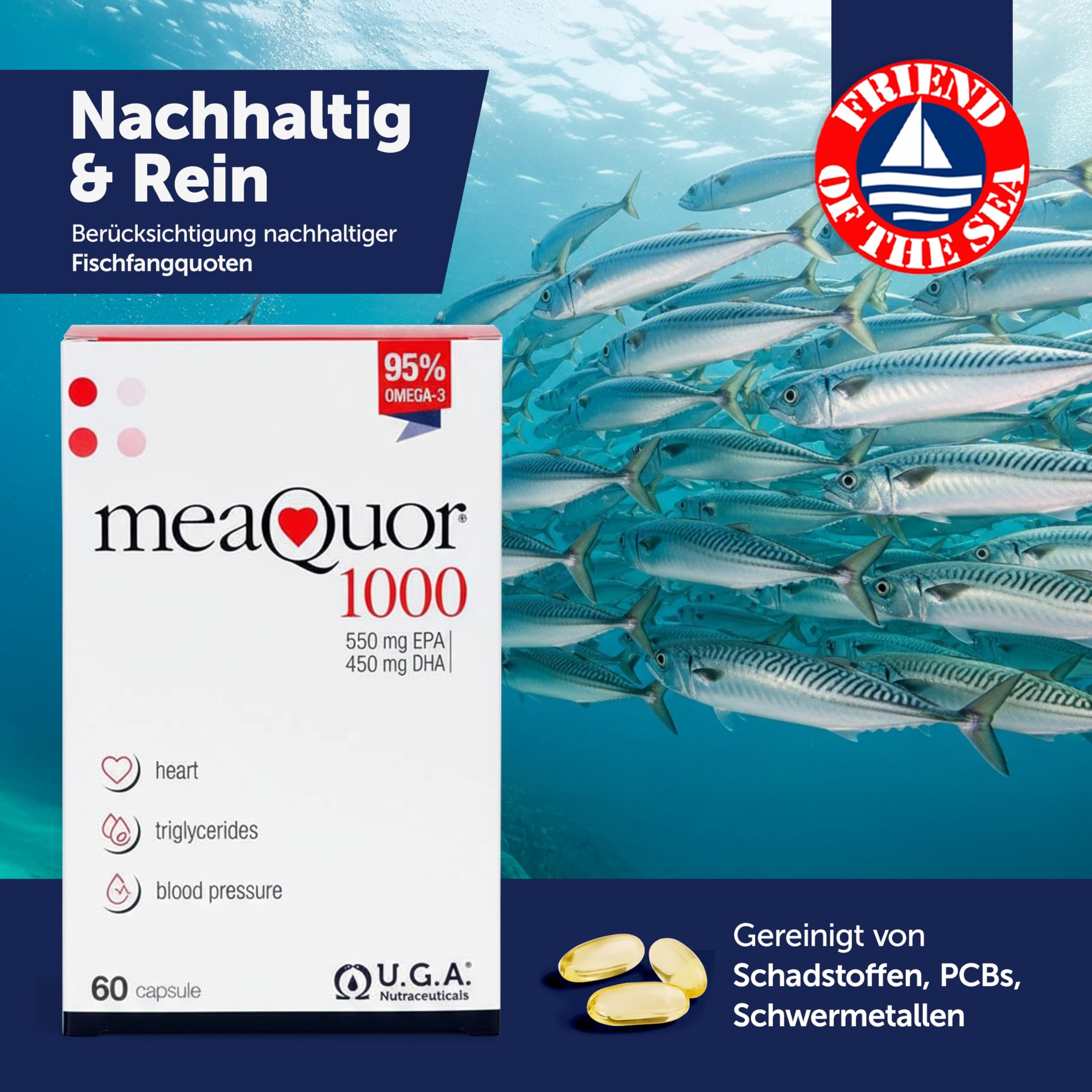 Meaquor 1000 – Fischöl Kapseln mit 95 % Omega 3 Fettsäuren – Nahrungsergänzungsmittel mit EPA & DHA – IFOS-zertifiziert, frei von Schwermetallen & Schadstoffen – 60 Kapseln