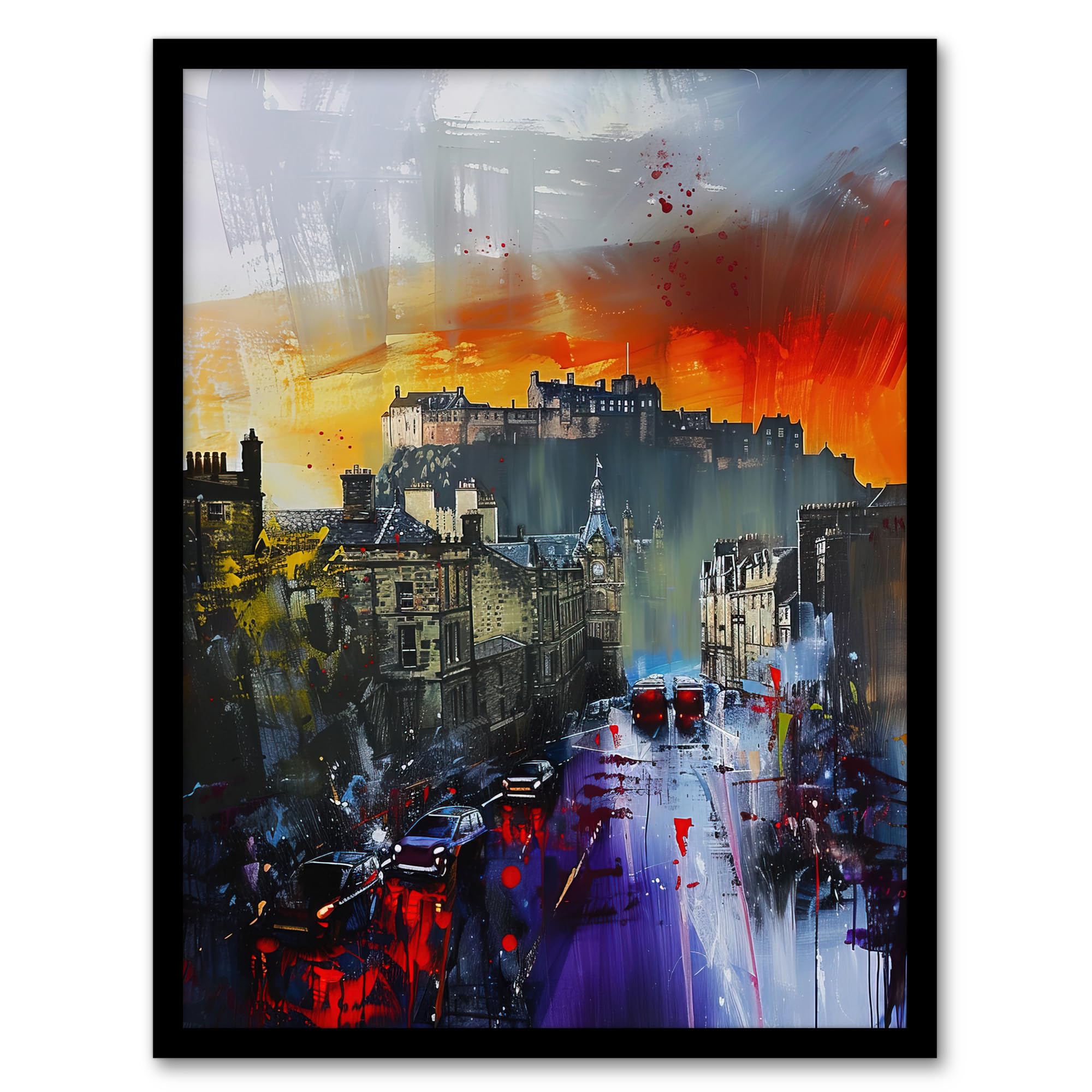 Artery8 Edinburgh Castle Abstract Cityscape Painting Living Room Artwork Framed Wall Art Print 18X24 Inch