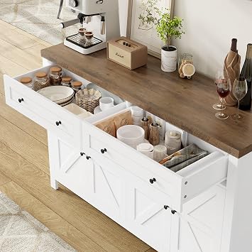 HOCSOK 140cm Kitchen Sideboard, Kitchen Cupboard with 2 Drawers, White