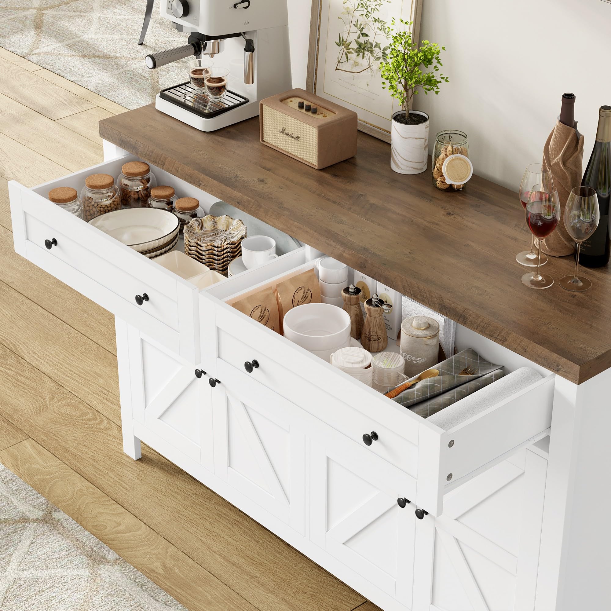 HOCSOK Sideboard, 140 cm Breit Küchenschrank, Verstellbaren Regalen, Weiß