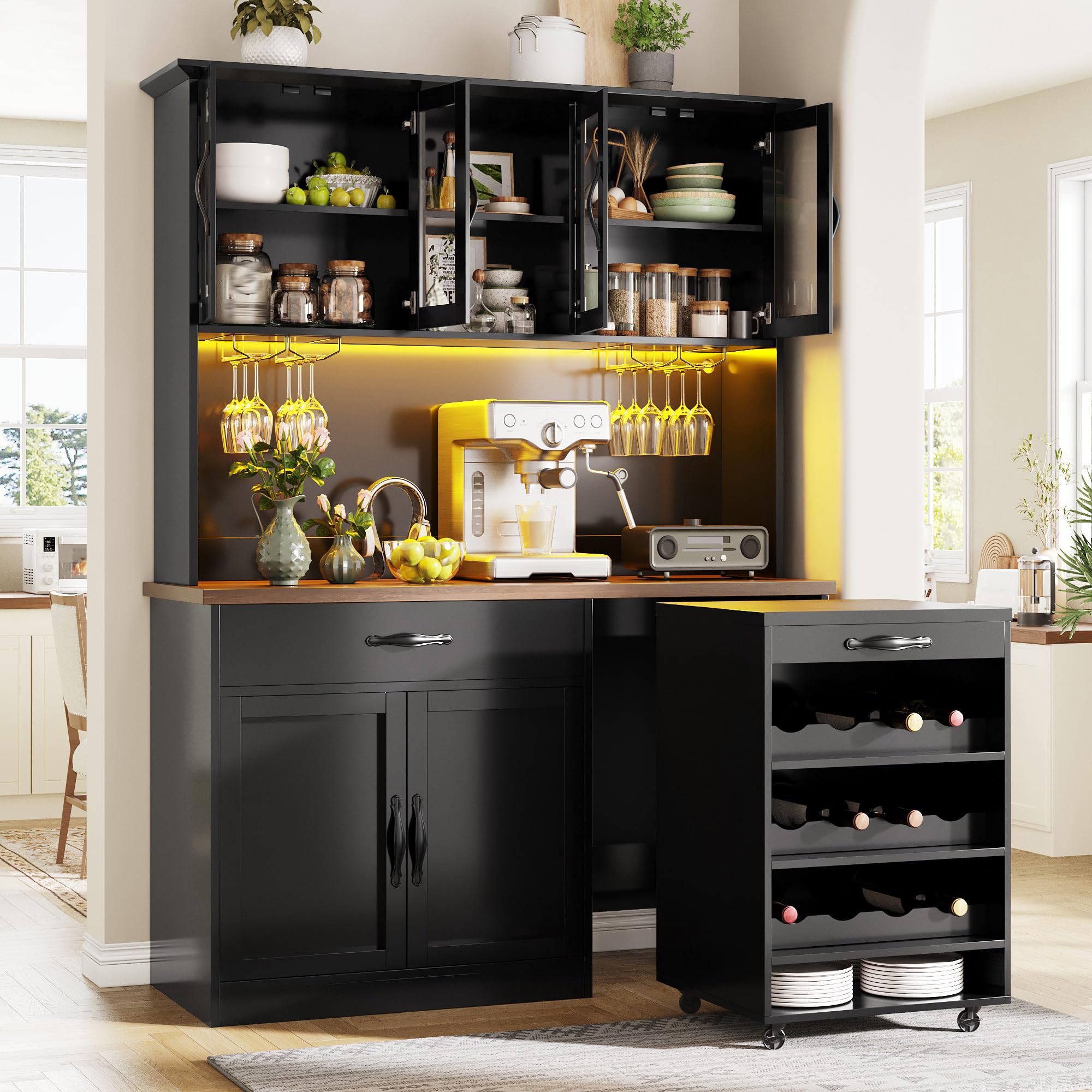 DHHU Meuble de Cuisine avec éclairage LED, Buffet Haut avec Chariot Amovible, 4 Portes en Verre avec Plan de Travail, Rangement Vin, 2 Tiroirs, Armoire de Rangement Haute pour Cuisine (Noir-4S)