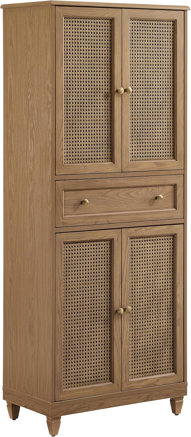 Crosley Furniture Katia Traditional Rattan Pantry Storage Cabinet Shelves, Dining, Laundry Room, Bathroom, Driftwood