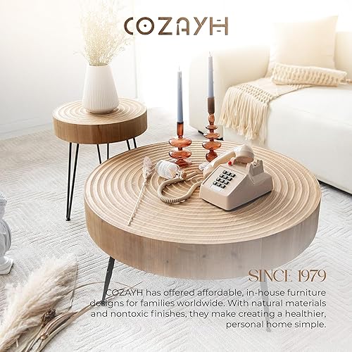 Miniatura 7 de COZAYH Juego de mesa auxiliar redonda anidable de 2 piezas, parte superior de madera natural con patas de metal negro, patrón de anillo, acento