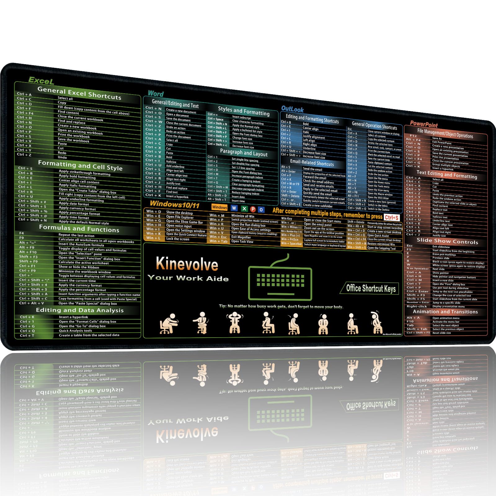 Kinevolve Excel/Word/Outlook/PowerPoint Shortcut Keys Mouse Pad, Shortcut Mat for Pc Office,Large XXL Gaming Mousepad,Non-Slip Stitched Edge 35.4" x