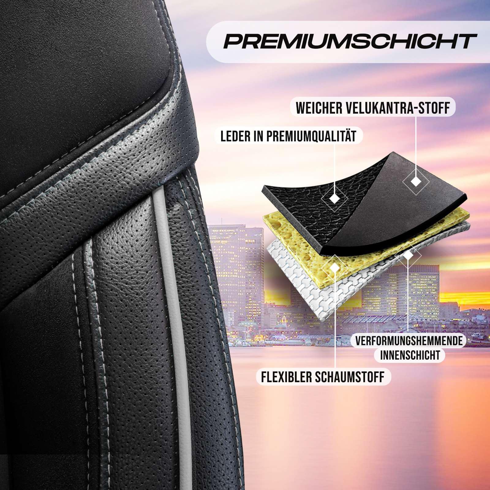 Autositzbezüge Universal für PKW & SUV – Premium Vordersitze Auto Sitzbezug aus Alcantara, Schwarz-Grau, Airbag-Kompatibel Sitzauflage, Autoschonbezug, Vordersitz-Set inkl. Montageset
