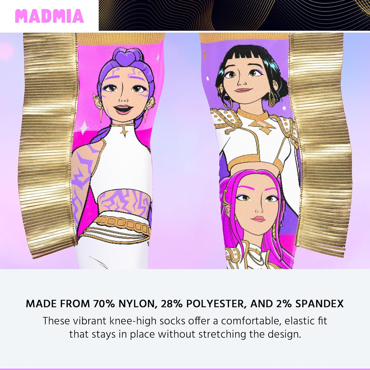 MADMIA Kpop Demon Hunters Golden Knee-High Socks – Colorful Dress-Up Socks for Kids & Adults, Fun Crazy Sock Day Gift, One Size Fits Most