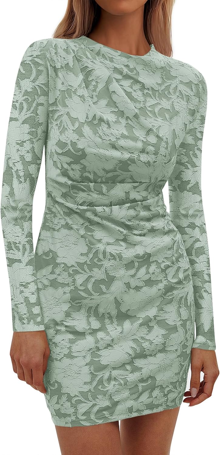 PRETTYGARDEN Women's Fall Bodycon Dresses 2026 Sexy Long Sleeve Ruched Lace Floral Mini Party Dress Tight Club Outfits