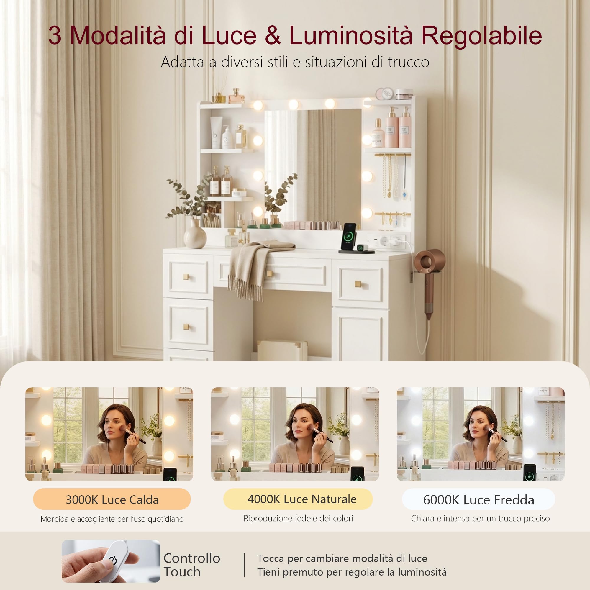 Heybly Toeletta Trucco con Specchio LED e Luci, Tavolo da Trucco con 6 Cassetti e 6 Ripiani, Presa Integrata e Porta Gioielli, Vanity Moderna per Camera da Letto, Bianco BDT002WT