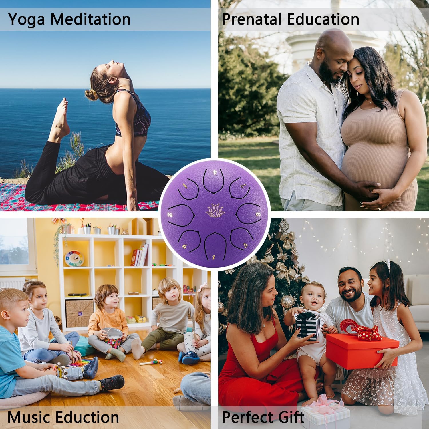 Eavnbaek Rain Chime Drum - 8 Note 6 Inch Rain Drum for Outside Garden, with Bag, Music Book, Drumsticks, Mallet Holder and Finger Paddles, Steel Tongue Drum for Gifts Yoga Education (Purple)