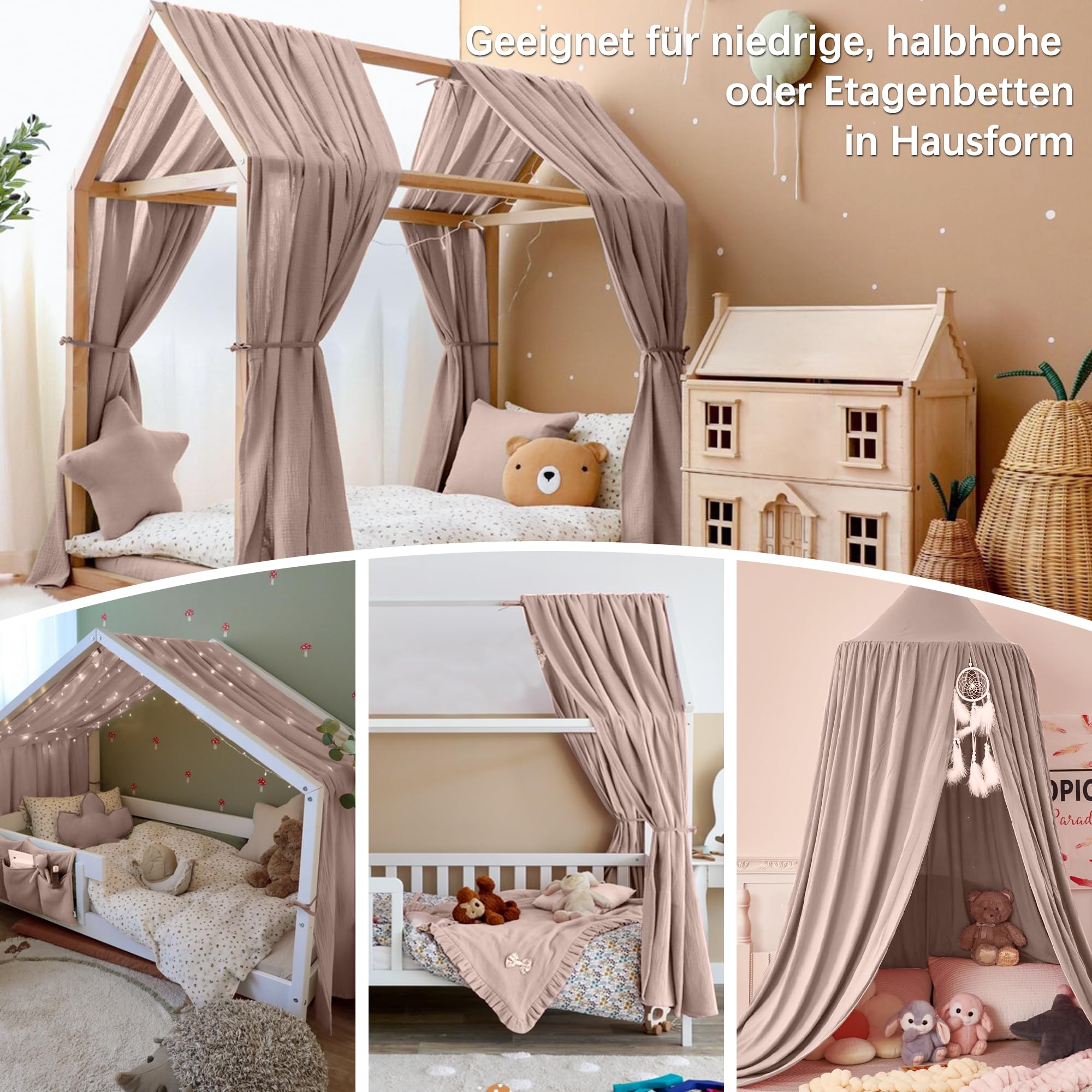 Hook Hausbett Himmel Deko Set, Betthimmel Hausbett aus Musselin - 2 Betthimmel & 1 Wimpelkette, für Jungen Mädchen Deko für Kinderzimmer, Baldachin Kinderzimmer Deko I 67 x 320cm Beigerosa