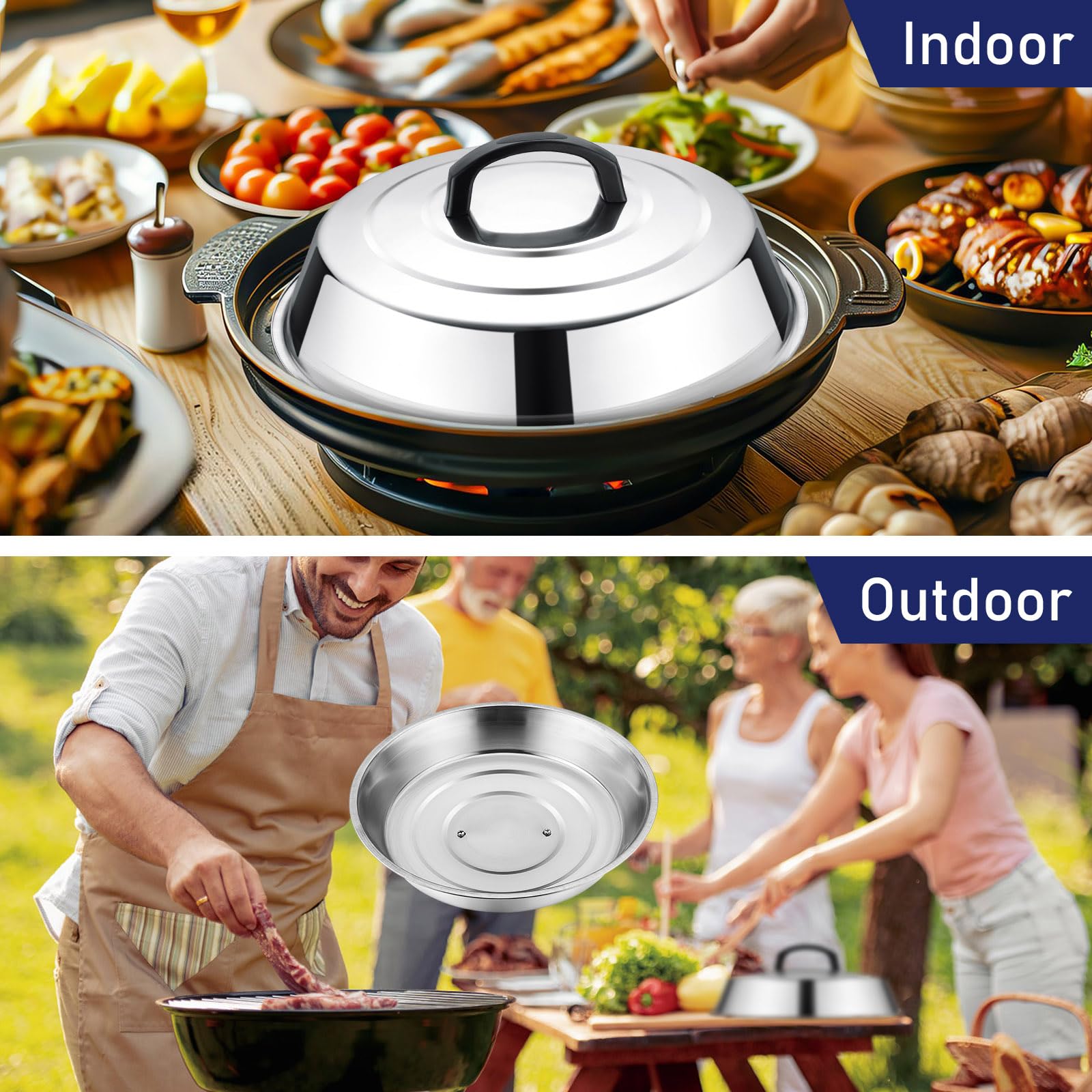 2 Cupole Per Fondere Formaggio In Acciaio Inox - 16 Cm, Coperchi Per Barbecue Con Manico Termoresistente - 3