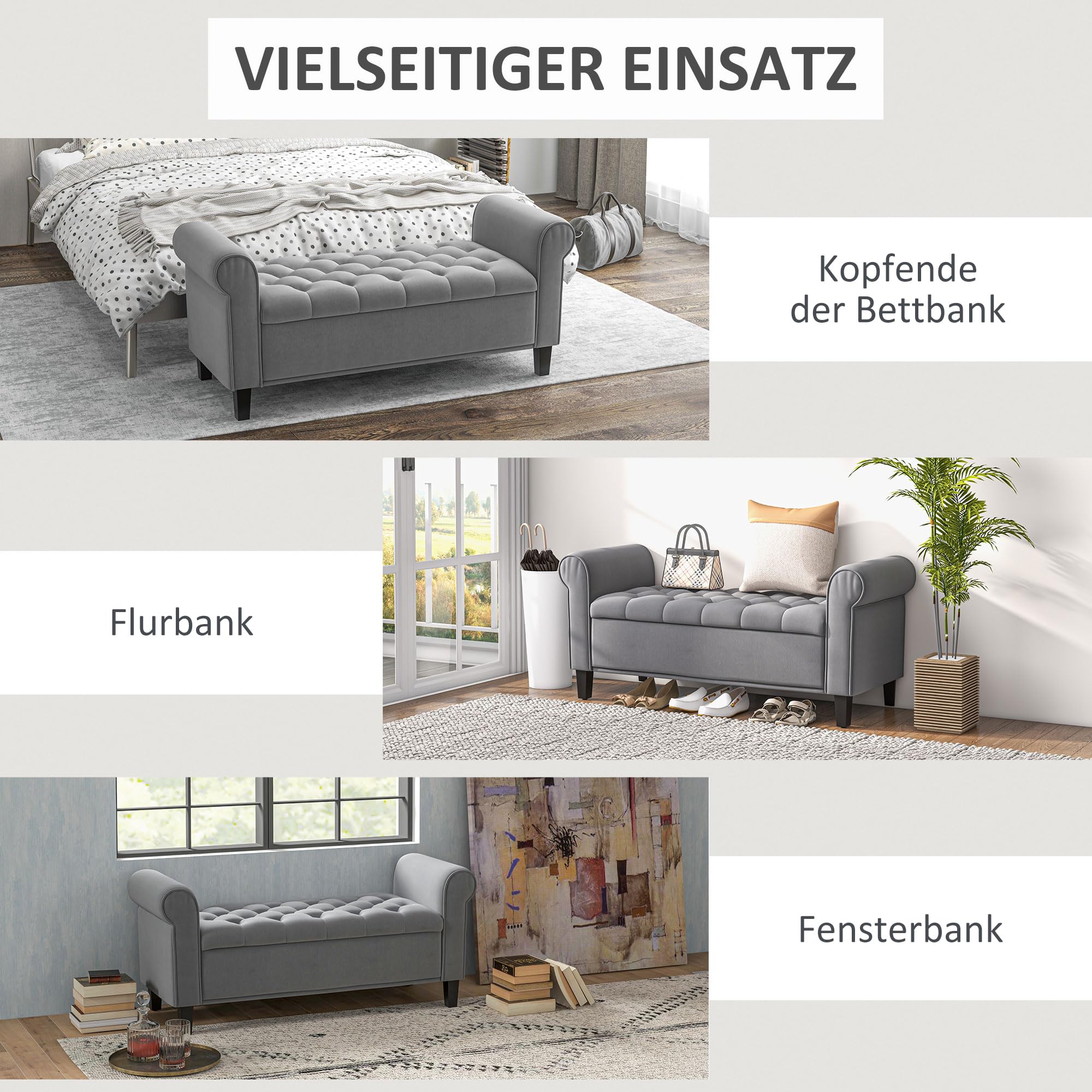 HOMCOM Sitzbank mit Stauraum Armlehne Bettbank 126 x 48,5 x 57 cm Grau | Polsterbank mit Samt-Bezug, mit Holzbeinen, Schuhbank, Schlafzimmer Wohnzimmer Flur