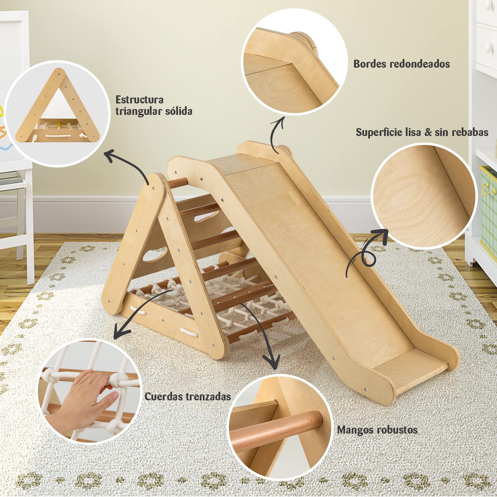 COSTWAY 4 en 1 Triángulo de Escalada para Niños, Escalador Triangular con Tablero Deslizante, Juego de Escalada de Madera para Interior con Red de Escalada para Hogar(Natural)