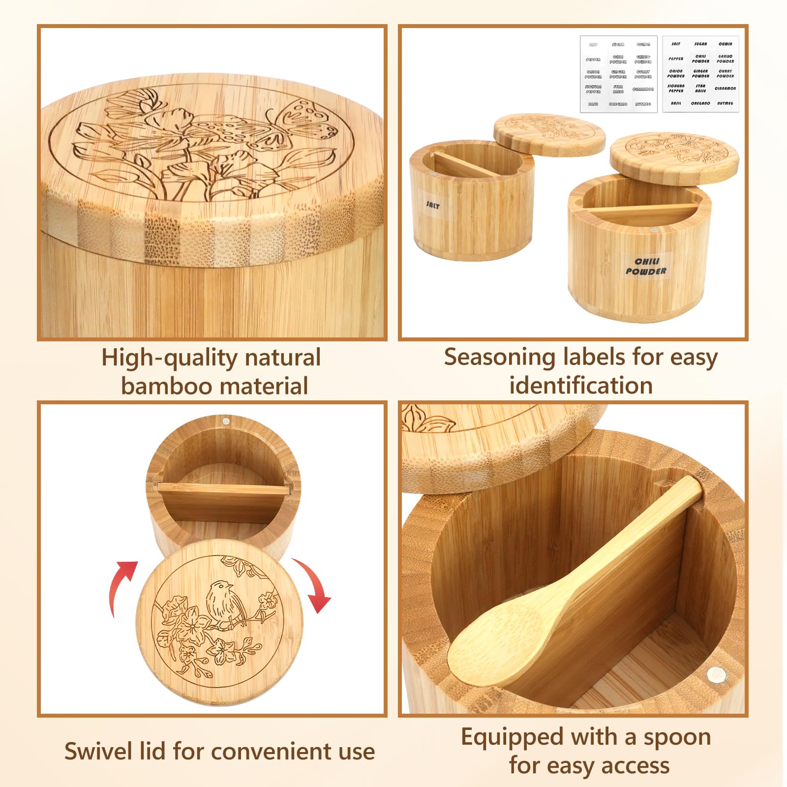 RETON Paquete de 4 cajas de sal de bambú con divisor, contenedor de especias de madera para especias y pimienta con tapa giratoria magnética y cuchara, tarros de madera para sal, pimienta, especias